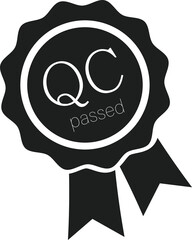 Isolated simple graphic element of QC passed, quality control guarantee product replace in black