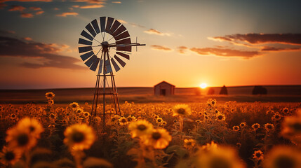 Scenic Windmill in Sunflower Field at Sunset
