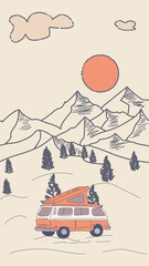  van traveling in the adventure graphic illustration and camping tent
