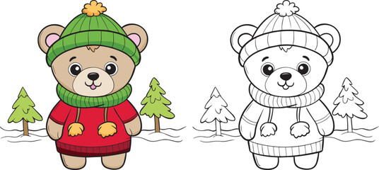 Christmas Teddy Bear in a winter hat and tree. Black and white lines. Coloring page for kids. Activity Book.