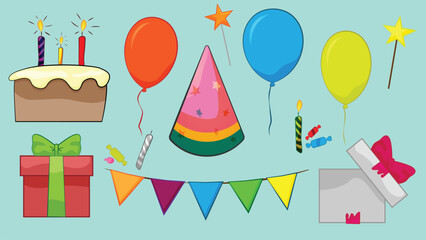 Birthday party attributes, cartoon style with outlines