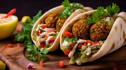 Authentic fresh falafel balls inside of two halves of pita bread sandwich with chopped salad, red hot peppers, lemon, a drizzle of tahini sauce. chickpea falafel in a fluffy pita on a wooden board - obrazy, fototapety, plakaty