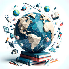 Global Learning and Technology Integration Concept: 3D Polygonal Earth Surrounded by Educational and Technological Icons - obrazy, fototapety, plakaty