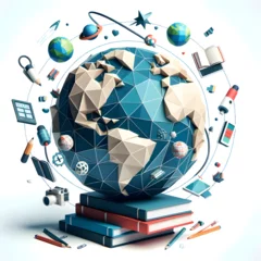 Foto op Plexiglas Global Learning and Technology Integration Concept: 3D Polygonal Earth Surrounded by Educational and Technological Icons © Marcos