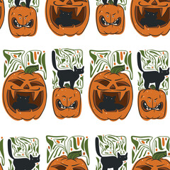 Hand drawn vector abstract graphic,line art Jack O lantern happy Halloween pumpkin face character with cat, seamless pattern. Halloween Character cartoon autumn design concept. Scary horror Halloween.