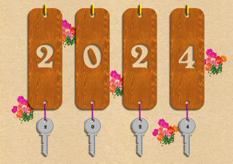 porte-clés 2024 suspendus au mur et portant les chiffres de l'année 2024 - obrazy, fototapety, plakaty