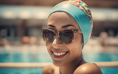 Closeup on a smiling woman wearing a swimsuit, with a bathing cap and glasses, next to a swimming pool