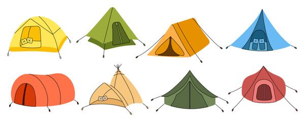 Camping, tourist, military tent for expedition in a set in doodle style. Summer camp, outdoor recreation, picnic, camping equipment, tourism. Vector illustration on a white background. © Liliy