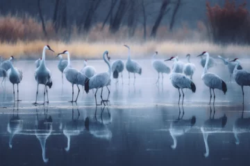 Foto op Aluminium a group of cranes on the edge of the lake © Julaini