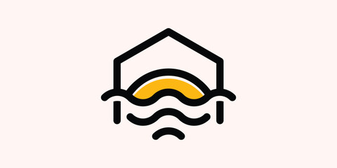 logo design combining the shape of a house with a view of the sunset over the waves.