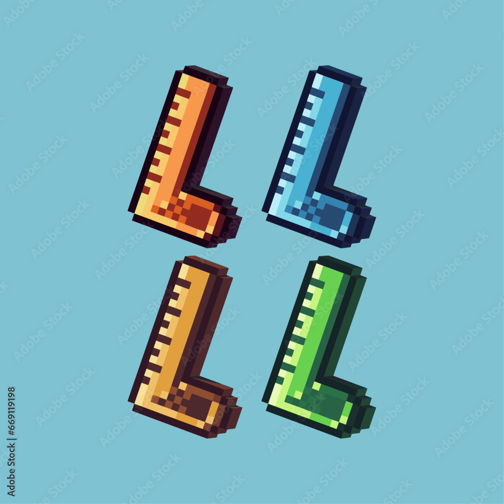 Poster isometric pixel art 3d of ruler for items asset. ruler on pixelated style.8bits perfect for game ass