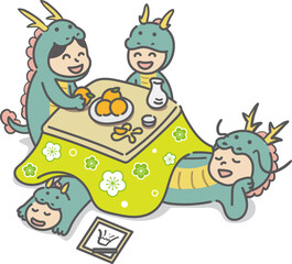 こたつでくつろぐ竜の着ぐるみを着た4人家族(2024年辰年の年賀状)