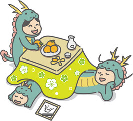 こたつでくつろぐ竜の着ぐるみを着た4人家族(2024年辰年の年賀状)