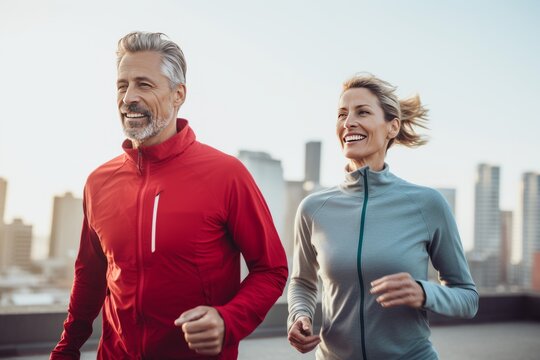 Athletic adult couple jogging along the street of modern city. Mature slender Caucasian man and woman in sports outfit having fun and smiling while running. Active lifestyle in urban environment.