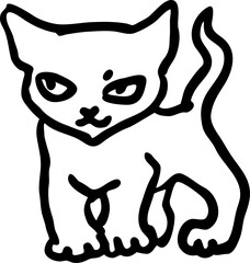 Cute lovely cat with funny face. Fluffy kitten best friend with big eyes. Home pet for baby, kids, boy, girl and family. Hand drown character. Retro vintage cartoon vector illustration drawn by hand.
