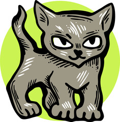 Cute lovely cat with funny face. Fluffy kitten best friend with big eyes. Home pet for baby, kids, boy, girl and family. Hand drown character. Retro vintage cartoon vector illustration drawn by hand.
