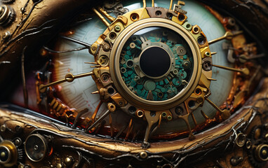 Obraz premium Fictional figure of one eye with ocular implant in steampunk style. Close up position.