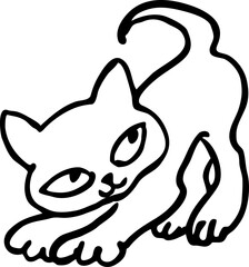 Cute lovely cat with funny face. Fluffy kitten best friend with big eyes. Home pet for baby, kids, boy, girl and family. Hand drown character. Retro vintage cartoon vector illustration drawn by hand.
