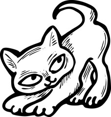 Cute lovely cat with funny face. Fluffy kitten best friend with big eyes. Home pet for baby, kids, boy, girl and family. Hand drown character. Retro vintage cartoon vector illustration drawn by hand.
