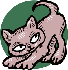 Cute lovely cat with funny face. Fluffy kitten best friend with big eyes. Home pet for baby, kids, boy, girl and family. Hand drown character. Retro vintage cartoon vector illustration drawn by hand.
