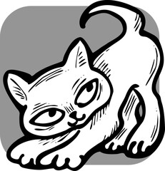 Cute lovely cat with funny face. Fluffy kitten best friend with big eyes. Home pet for baby, kids, boy, girl and family. Hand drown character. Retro vintage cartoon vector illustration drawn by hand.
