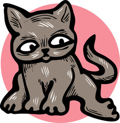 Cute lovely cat with funny face. Fluffy kitten best friend with big eyes. Home pet for baby, kids, boy, girl and family. Hand drown character. Retro vintage cartoon vector illustration drawn by hand.
