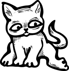 Cute lovely cat with funny face. Fluffy kitten best friend with big eyes. Home pet for baby, kids, boy, girl and family. Hand drown character. Retro vintage cartoon vector illustration drawn by hand.
