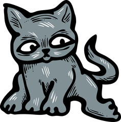 Cute lovely cat with funny face. Fluffy kitten best friend with big eyes. Home pet for baby, kids, boy, girl and family. Hand drown character. Retro vintage cartoon vector illustration drawn by hand.
