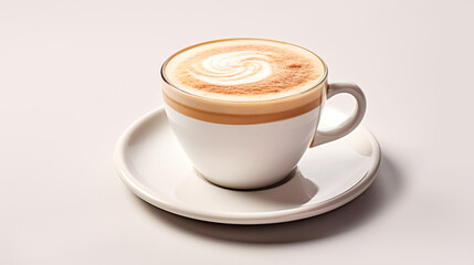 Chagaccino with coffee and mushrooms in ceramic cup on light cream background. Medicinal and good for health. Banner.