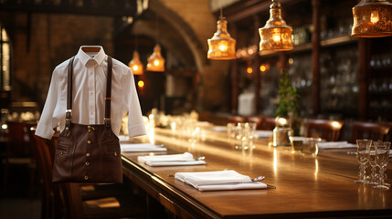 Naklejka premium A chef's uniform hanging by the entrance to a bustling restaurant, ready to welcome guests to a world of culinary delights, setting the stage for an unforgettable dining experience