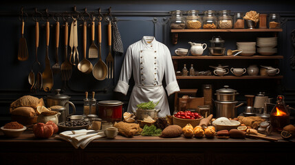 A chef's uniform accessorized with various utensils, from knives and spatulas to whisks and rolling pins, emphasizing the tools of the trade that accompany this iconic attire