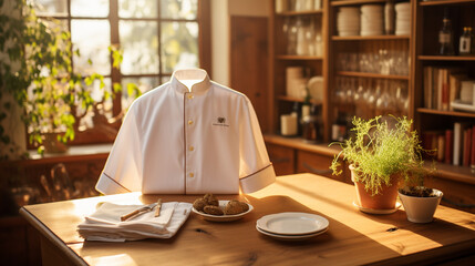 A chef's uniform in the early morning light, symbolizing the start of a new day filled with possibilities and flavors to be explored in the kitchen - obrazy, fototapety, plakaty