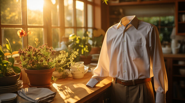 A chef's uniform in the early morning light, symbolizing the start of a new day filled with possibilities and flavors to be explored in the kitchen