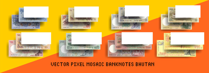Vector set of pixel mosaic banknotes of Bhutan. Collection of bills in denominations of 1, 5, 10, 20, 50, 100, 500 and 1000 ngultrum. Play money or flyers. - obrazy, fototapety, plakaty