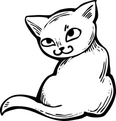 Cute lovely cat with funny face. Fluffy kitten best friend with big eyes. Home pet for baby, kids, boy, girl and family. Hand drown character. Retro vintage cartoon vector illustration drawn by hand.
