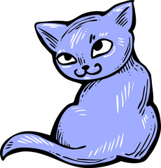 Cute lovely cat with funny face. Fluffy kitten best friend with big eyes. Home pet for baby, kids, boy, girl and family. Hand drown character. Retro vintage cartoon vector illustration drawn by hand.
