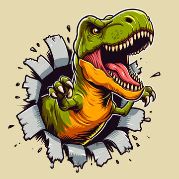 vector hand drawn t-rex roars out of a scrap of paper illlustration