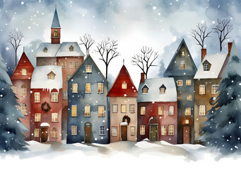 watercolor christmas houses and snowflakes, in the style of colorful street murals