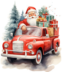 santa claus in a red car with gifts, in the style of watercolor illustrations