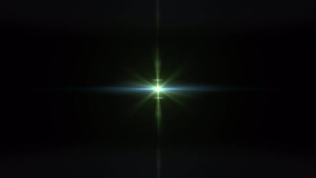 Loop flickering center star green blue rays lights optical lens flares shiny animation art on black abstracrt background. Lighting lamp rays effect dynamic bright video footage. Isolated with alpha ch