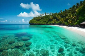 Fototapeta na wymiar A paradise island in the tropics with white sand beaches and pristine water.