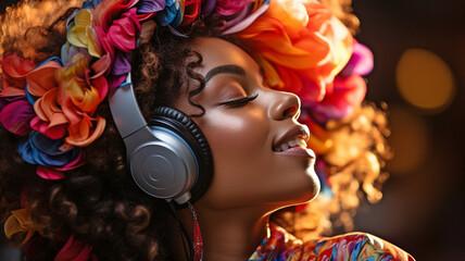 African woman listening to music on headphones, experiencing vivid colour pulses, dynamic sound...