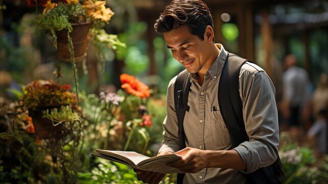 A nature guide excitedly showing guests to the marvels of the flora and wildlife at the entrance of a verdant botanical garden.
