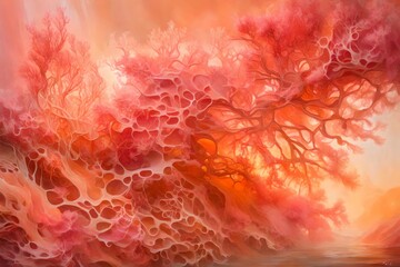 Soft Coral, Peach, and Rosy Pink in a Liquid Harmony, Casting a Warm and Abstract Glow.