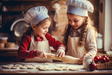Cute little girls are preparing cookies in the kitchen at home.