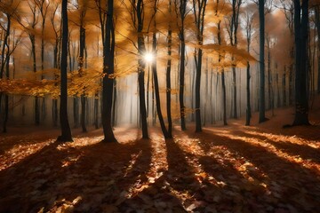 A peaceful forest in the fall, with leaves dropping from the trees.