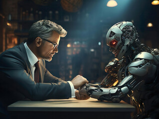 Businessman and humanoid AI robot sitting opposite each other: AI vs human competition. Business handshake between robot and human partners or friends. Generative ai
