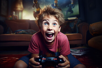 A person sitting cross-legged on the floor, engrossed in a classic video game, with a big smile of joy