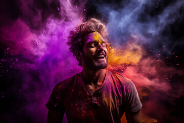 Enchanting Beauty Amidst a Burst of Colorful Gulal, 
a stunning caucasian male model on mesmerizing display of colourful powder thrown in surrounding