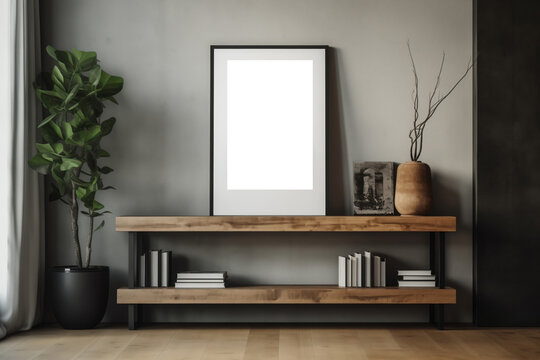 Empty wooden picture frame mockup hanging on white wall background. Boho-shaped vases with dried flowers on table.Working space, home office. Modern interior.